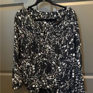 Lucky Brand Black Floral Smocked-Neck Blouse